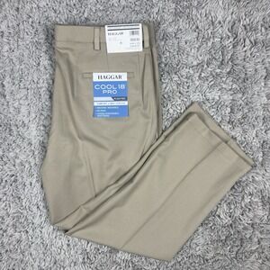 Haggar Mens Pants Khaki Cool 18 Pro Classic Fit Pleated Expandable 38x29 NWT